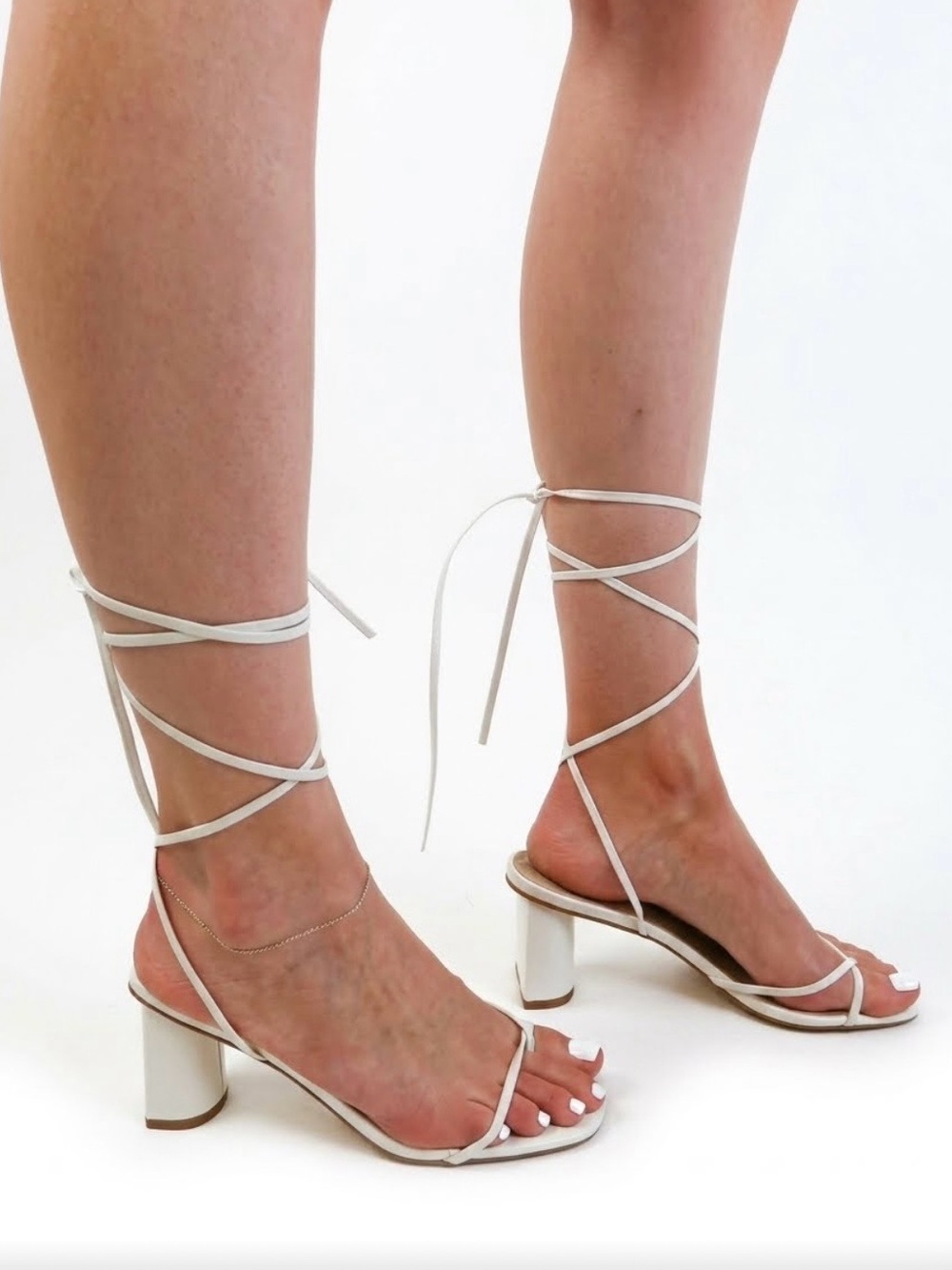Princess Polly White Strappy Lace Up Block Heels Size 7 Very Good Condition